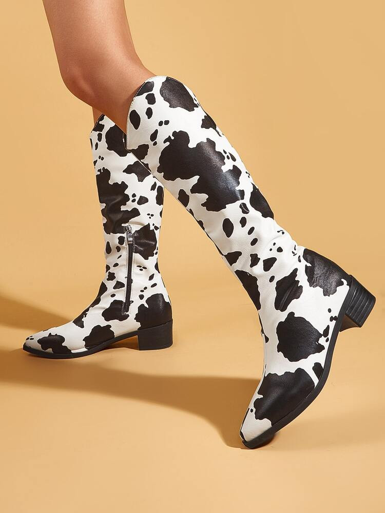 Cow Print Side Zip Chunky Heeled Boots | SHEIN