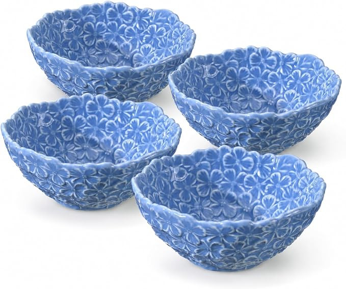 4 Pcs Blue Hydrangea Bowls Ceramic Tidbit, 9 oz 4.75 Inch Porcelain Floral Snack Bowl Serving Dis... | Amazon (US)