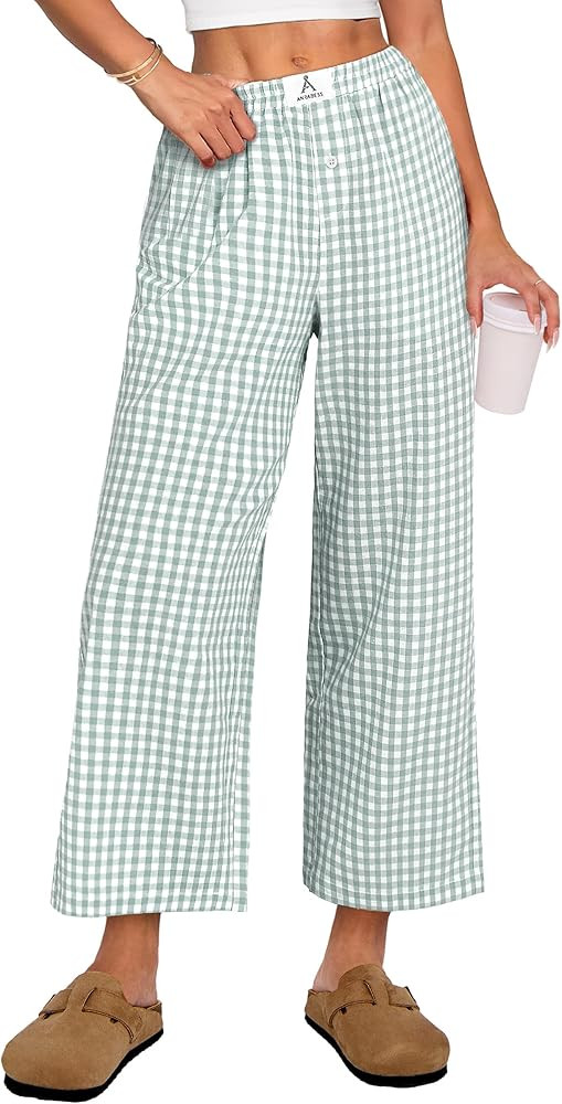 ANRABESS Women Striped Gingham Palazzo Cropped Pants Wide Leg Pajama Lounge Pants Plaid PJ Bottom... | Amazon (US)
