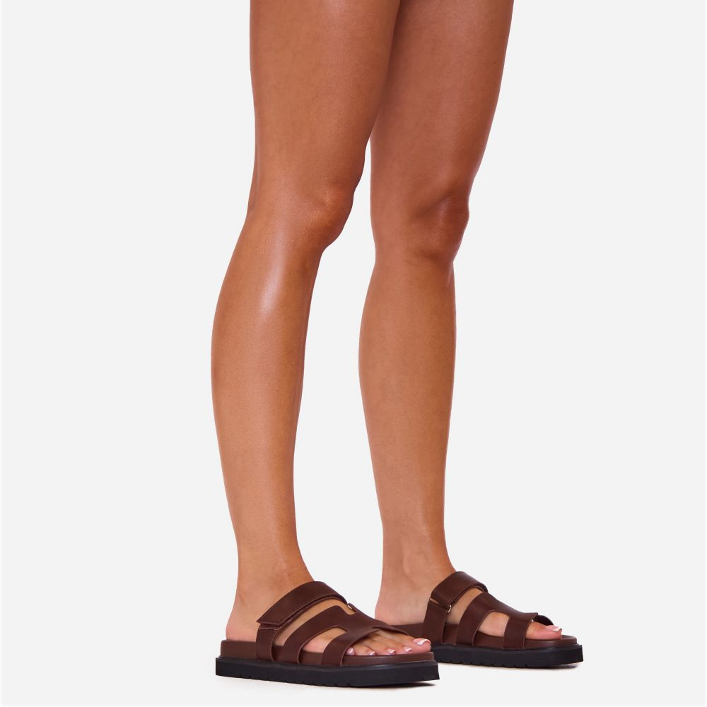 Valerie Gladiator Velcro Strap Chunky Sole Slider Sandal In Brown Faux Leather | EGO (UK)