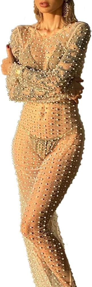 Women's Sexy Mesh Pearl Rhinestone Cover Up Dress Longsleeve Beach Swimsuit Lace See-Through Mate... | Amazon (US)