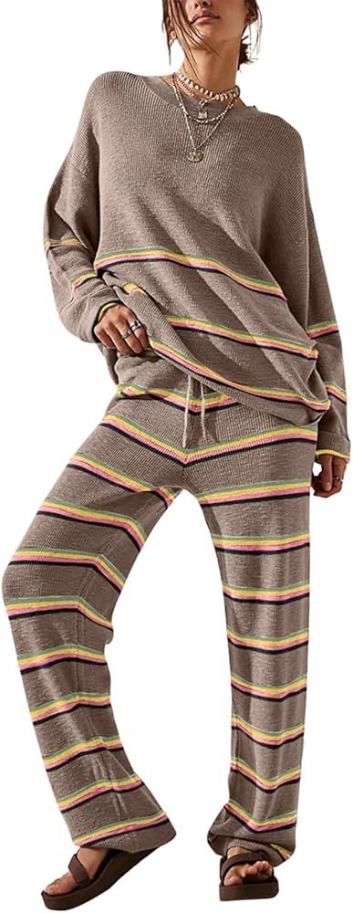 EVALESS Lounge Sets for Women 2 Piece Outfits 2024 Striped Knit Sweater Sets Matching Loungewear ... | Amazon (US)