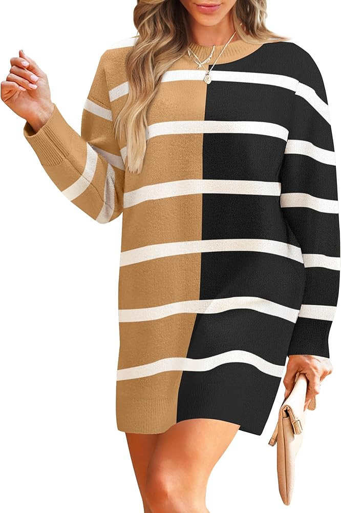 ZESICA Women's Casual Long Sleeve Tunic Sweater Dress Crew Neck Plaid Knit Oversized Pullover Jum... | Amazon (US)