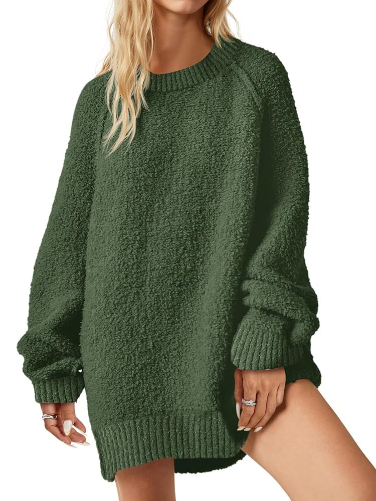 Saodimallsu Womens Oversized Sweater 2025 Fall Trendy Fuzzy Crew Neck Long Sleeve Casual Tunic Sw... | Amazon (US)
