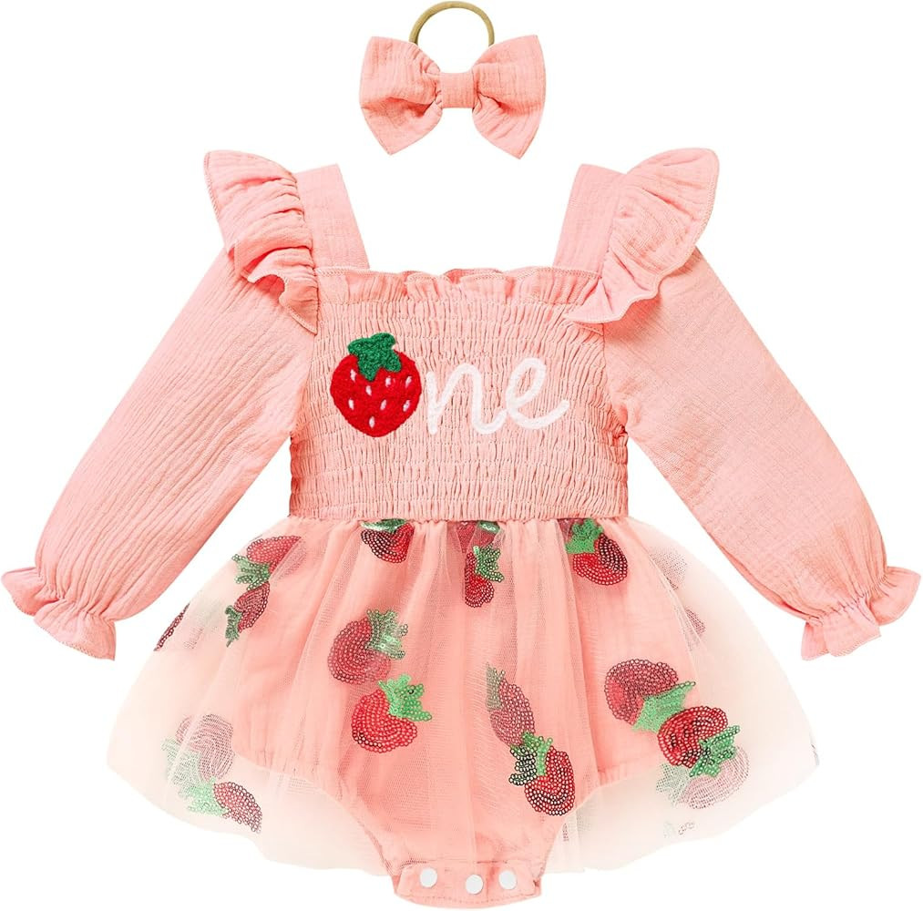Baby Girl 1st Birthday Clothes One Year Old Tulle Romper Long Sleeve Bodysuit Cake Smash Outfits | Amazon (US)