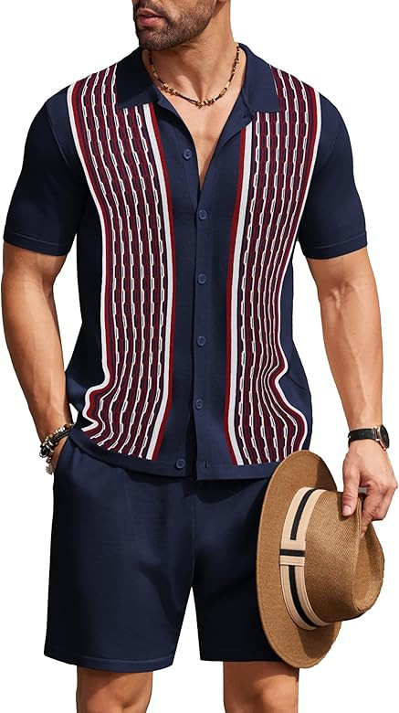 COOFANDY Men's 2 Piece Outfit Vintage Short Sleeve Button Down Knit Polo Shirts Casual Beach Shor... | Amazon (US)