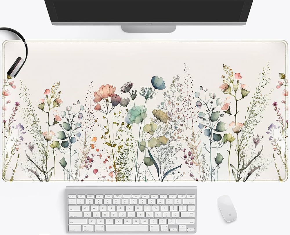 Floral Desk Mat Beige Boho Desk Pad, Large Extend Mouse Pad XXL, Cute Minimalist Flowers Keyboard... | Amazon (US)
