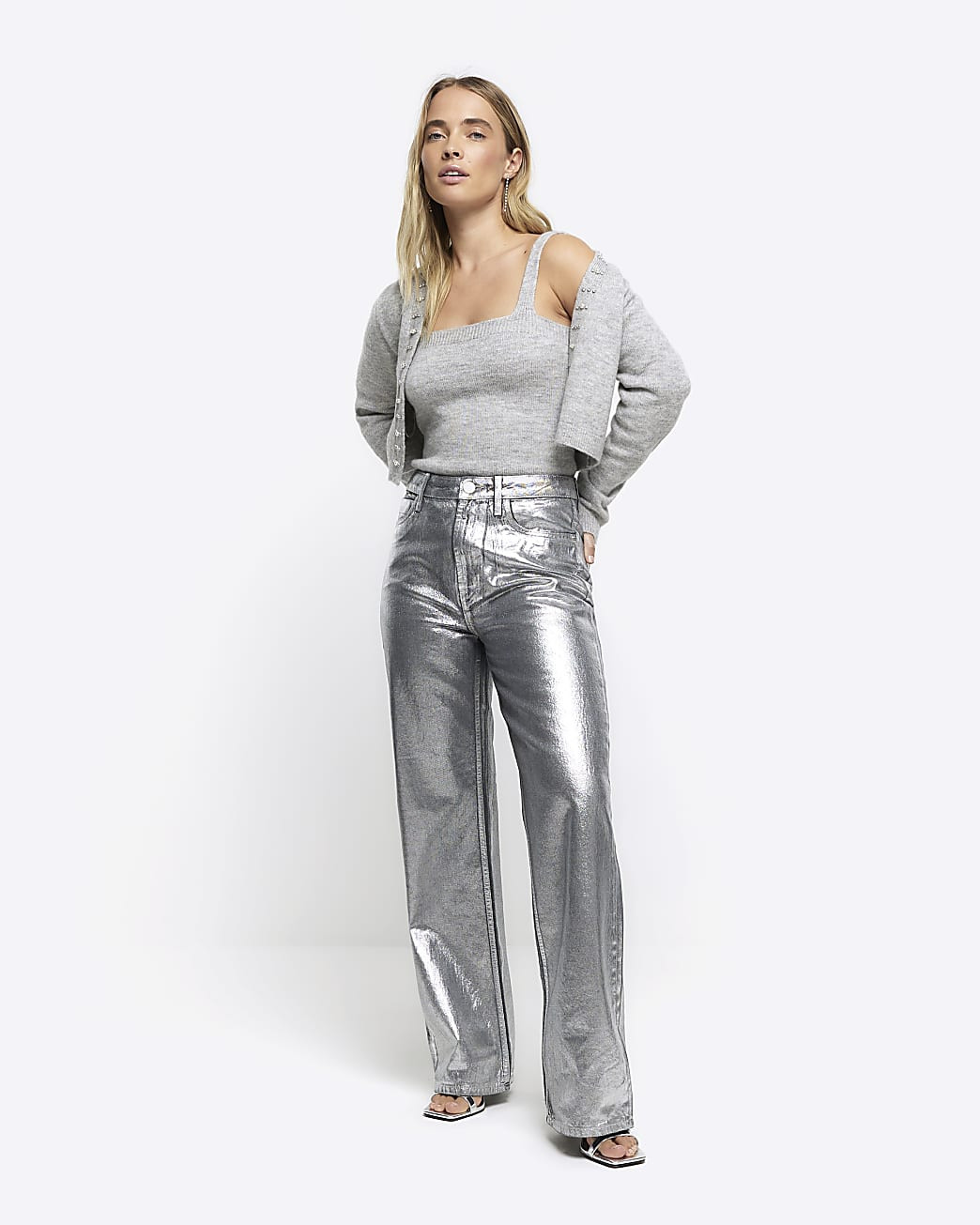 Silver high waisted straight coated jeans | River Island (UK & IE)