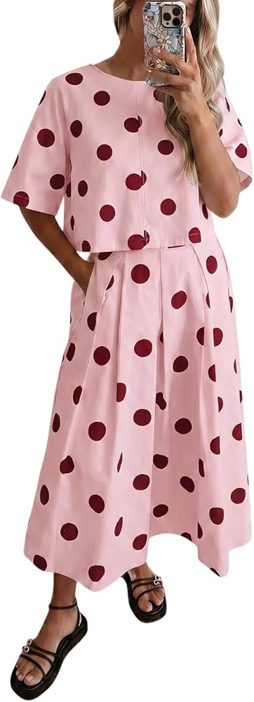 Tankaneo Womens Polka Dot 2 Piece Skirt Sets Summer Tie Back Tops Pleated Maxi Skirts Matching Set Beach Vacation Outfits | Amazon (US)