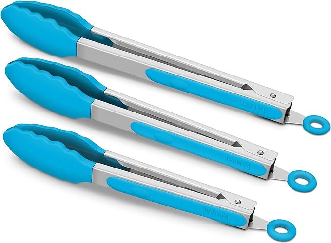 3 Pack Blue Kitchen Tongs, Premium Silicone BPA Free Non-Stick Stainless Steel BBQ Cooking Grilli... | Amazon (US)