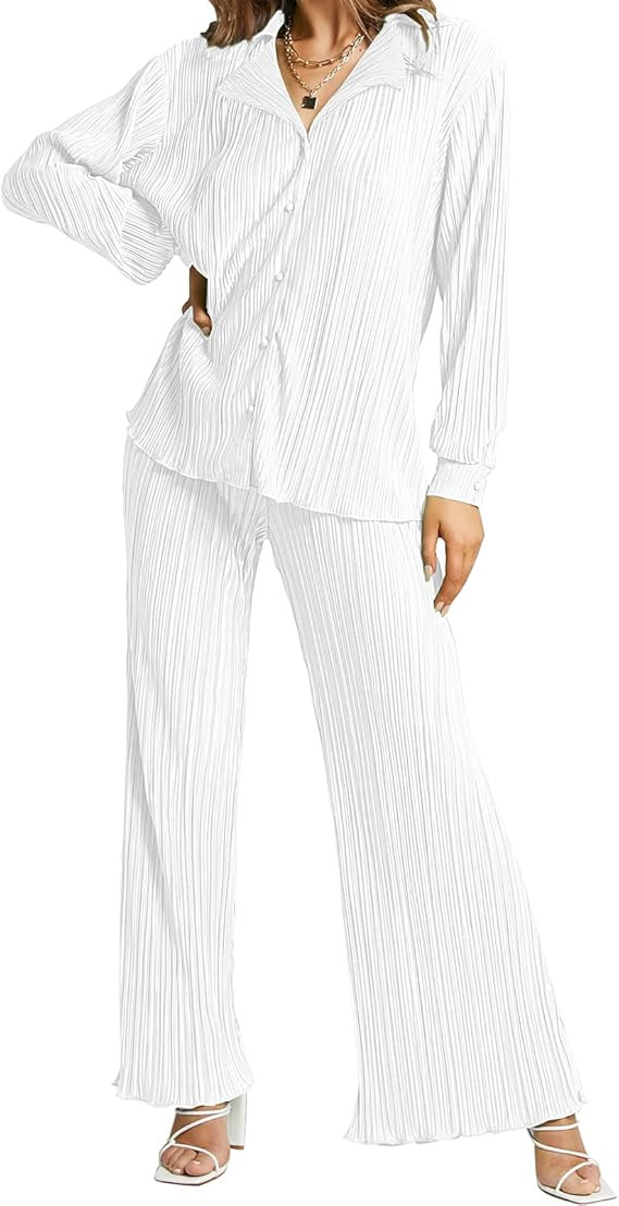 KOLAOYEP 2 Piece Outfits For Women Wide Leg Pants Sets Casual Long Sleeve Button Down Shirt Solid St | Amazon (US)