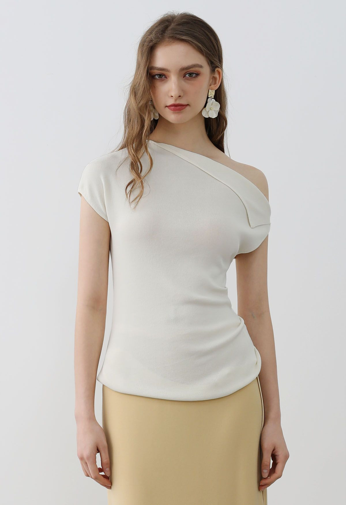 Asymmetric Folded Collar Knit Top in Cream | Chicwish