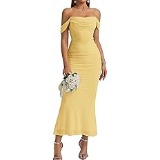 KUTUMAI Off The Shoulder Maxi Long Dress Corset Ruched Bodycon Formal Wedding Guest Dresses for W... | Amazon (US)