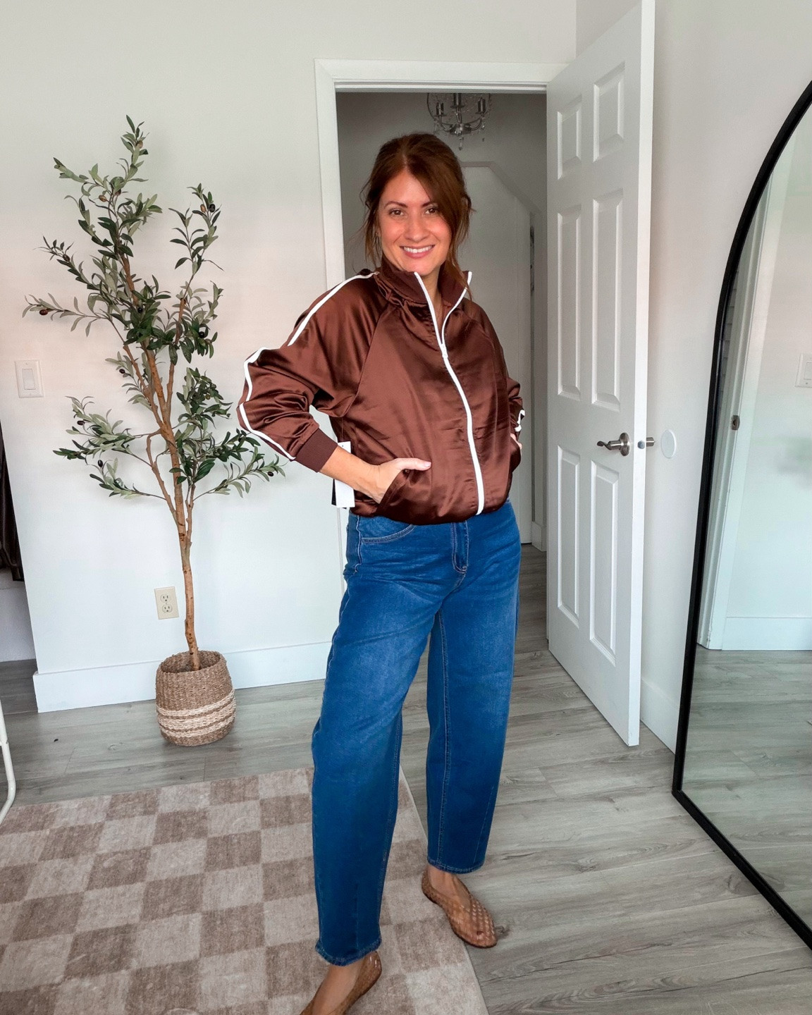 Loving this new satin track jacket from Walmart! Also comes in a dark red color option. Wearing a size small and it looks so cute styled with jeans, but you can dress it up or down!

#LTKSeasonal #LTKOver40