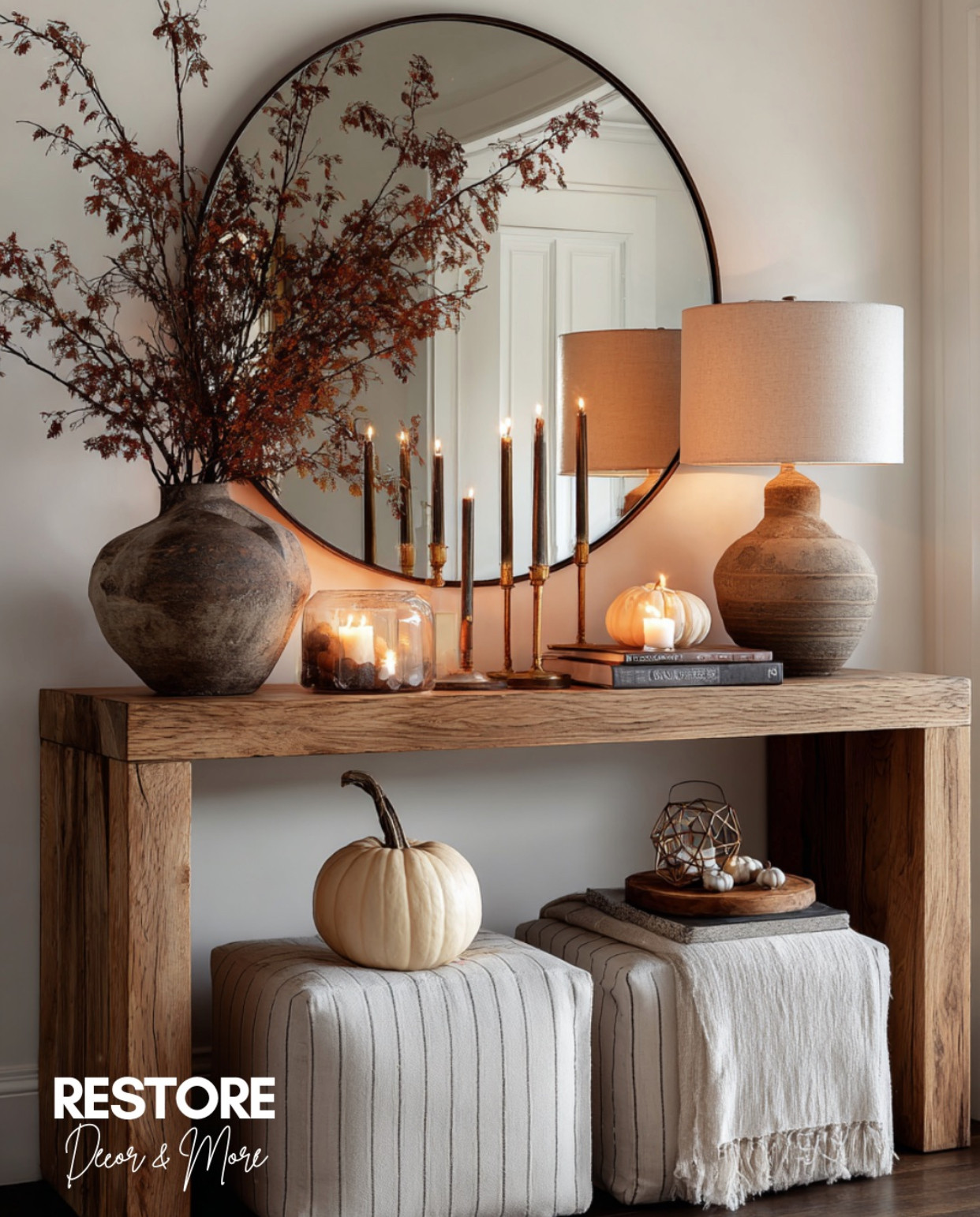 This is how you do fall elegance 🍂 A round mirror, earthy vases, glowing candles, and a touch of pumpkins create a warm welcome right at the entry. The mix of textures—wood, linen, and soft lighting—makes it feel both cozy and elevated. Perfect inspo if you want your home to feel like fall without going over the top ✨
#FallEntryway #EntryTableDecor #CozyFallStyle #PumpkinDecor #NeutralFallDecor #HomeStylingIdeas #FallAesthetic #SeasonalDecorInspo #LTKhome #LTKfall 

 #LTKSeasonal #LTKHome #LTKFindsUnder100