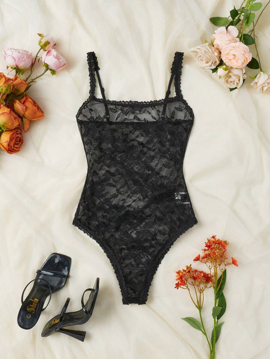SHEIN Privé Women Black Lace Patchwork See-Through Cami Bodysuit | SHEIN