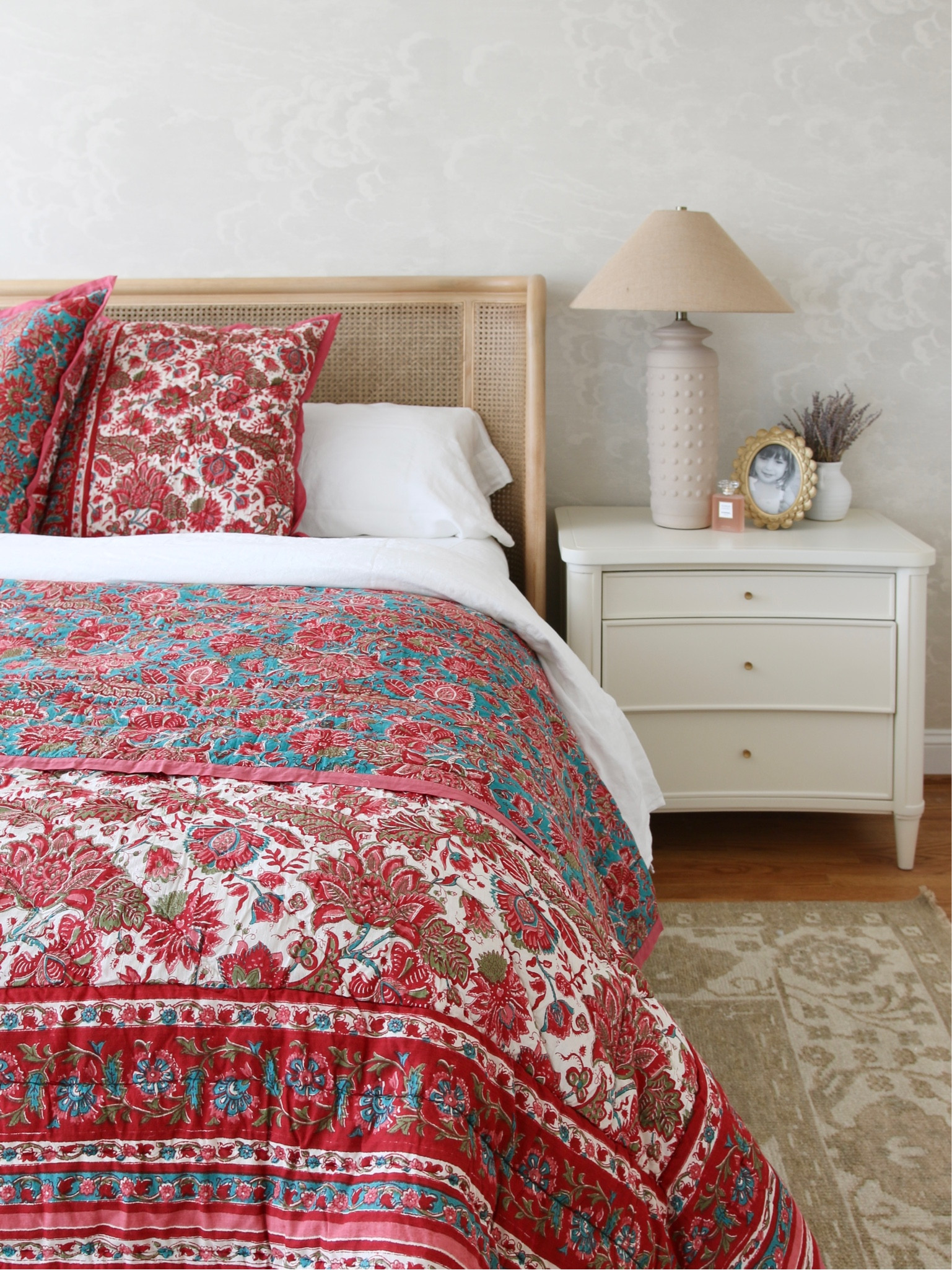 Bedroom decor, white nightstand, table lamp, cane bed, leather bed, Safavieh hand knotted rug, pottery barn quilt, throw pillow, linen bedding 

#LTKhome #LTKFind #LTKstyletip