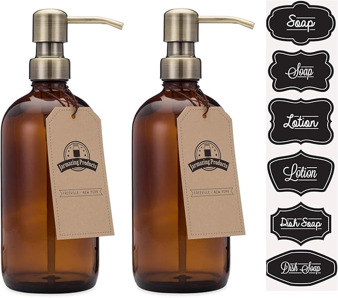Amber Glass Bottle Soap and Lotion Dispenser with Brass Pump - 16 oz - 2 Pack - by Jarmazing Prod... | Amazon (US)