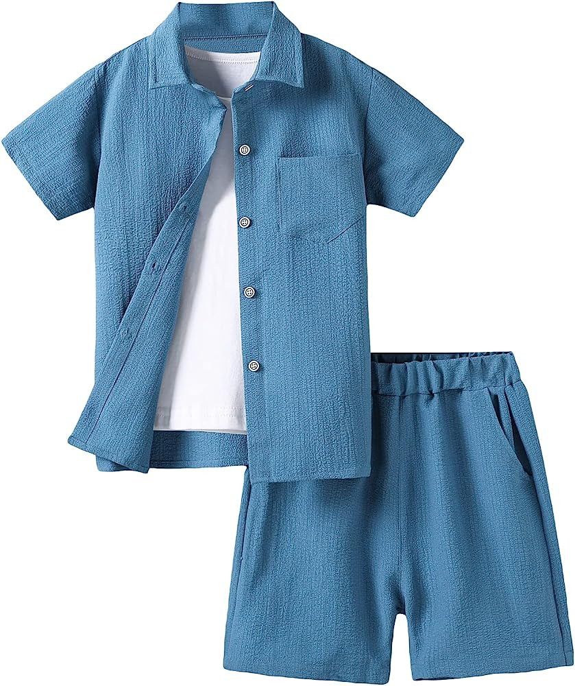 Verdusa Boy's 2 Piece Outfit Button Down Shirt and Elastic Waist Short Sets | Amazon (US)