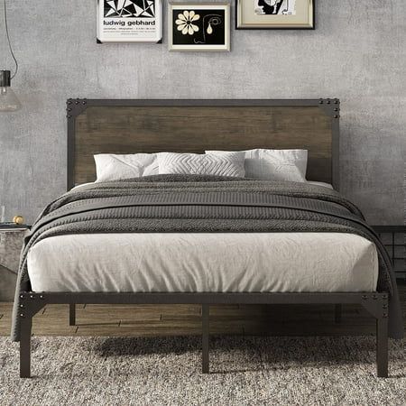 Allewie Queen Size Industrial Bed Frame with Wooden Rivet Headboard Strong Steel Slat Support | Walmart (US)