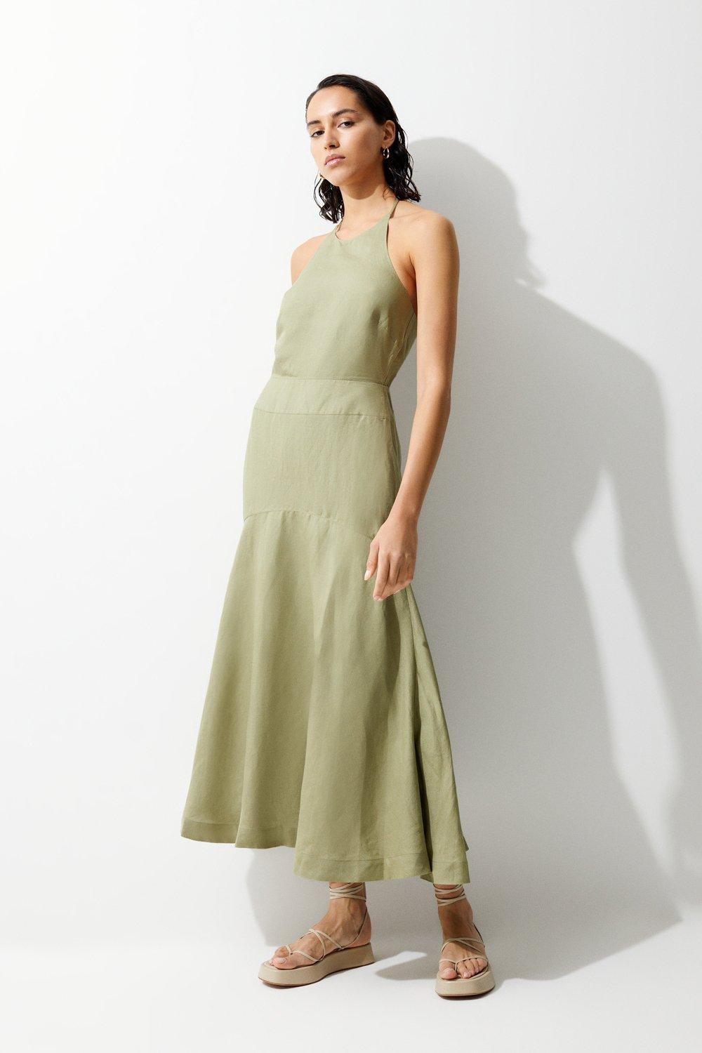 Linen Viscose Halterneck Maxi Dress | Karen Millen UK + IE + DE + NL