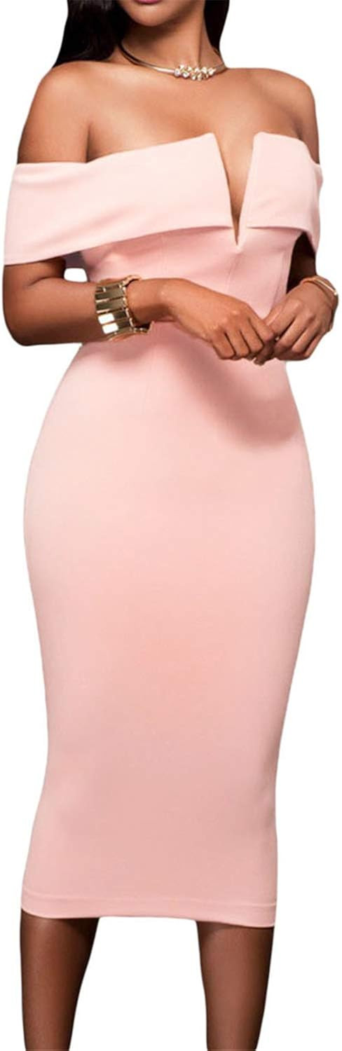 AlvaQ Women's Sexy V Neck Off The Shoulder Evening Bodycon Club Midi Dress | Amazon (US)