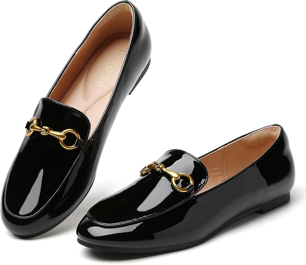 Minorsu Buckle Loafers for Women Slip On Round Toe Dress Flats Business Casual Work Driving Shoes | Amazon (US)