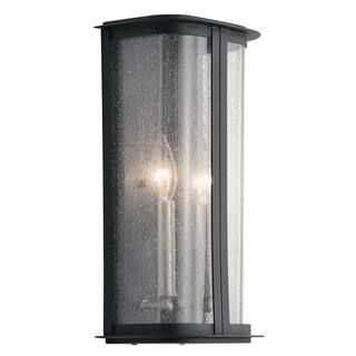 KICHLER Timmin 14 in. 2-Light Distressed Black Outdoor Wall Lantern Sconce with Clear Seeded Glas... | The Home Depot