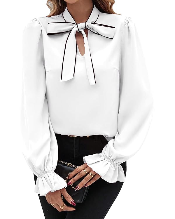 Avanova Women Tie Neck Bishop Long Sleeve Shirts Casual Work Blouses Tops | Amazon (US)