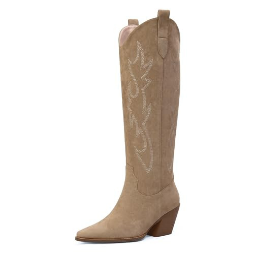 iiimmu Cowgirl Boots Women Knee High Pointed Toe and Block Heel Cowboy Suede Boots with Embroidered, Nude, Size 7.5 | Amazon (US)