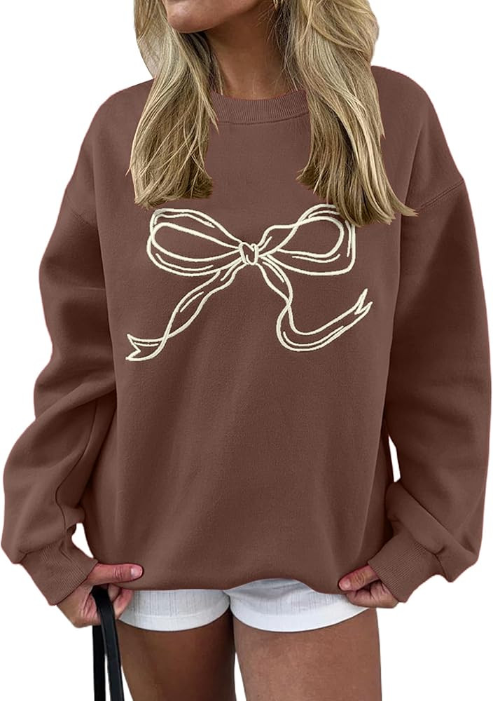 Women Oversized Sweatshirt Bow Crewneck Long Sleeve Fleece Pullover Top Clean Girl Aesthetic Fall... | Amazon (US)