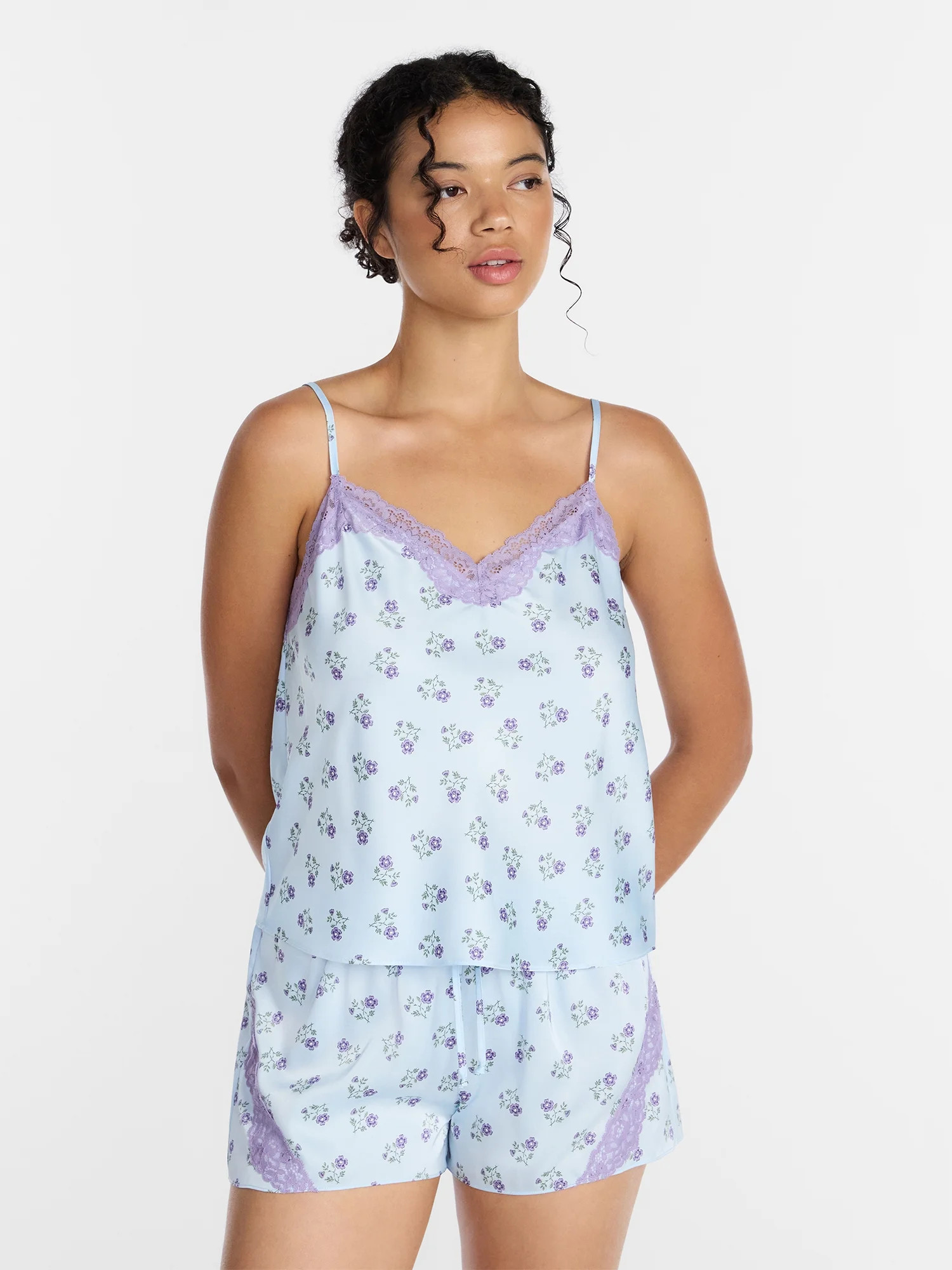 Joyspun Women's Lace Trim Stretch Satin Cami and Shorts Set, 2-Piece, Sizes XS-3X | Walmart (US)