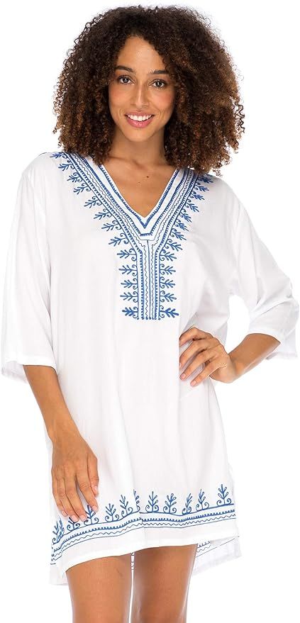 Back From Bali Womens Boho Embroidered Swimsuit Cover Up Loose Fit Casual Tunic Top Dress Resort ... | Amazon (US)
