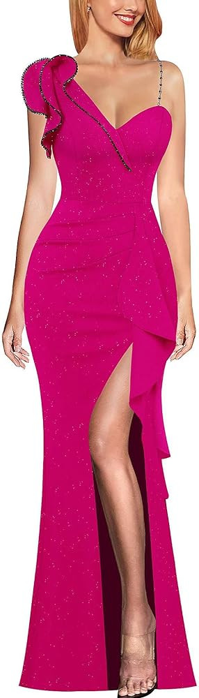 VFSHOW Womens Formal Prom Elegant Ruffle One Shoulder Beaded Strap Ruched Slit Maxi Dress Wedding... | Amazon (US)