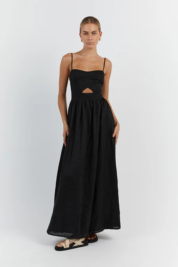 HARPER BLACK LINEN MIDI DRESS | DISSH