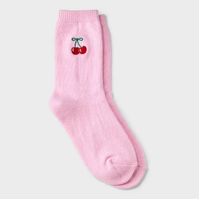 Girls' Embroidered Cherry Sweater Crew Socks - Cat & Jack™ Pink | Target