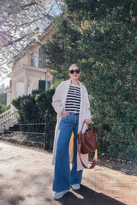 Spring outfit with cream coat, striped cardigan, Levi’s wide leg jeans, white sneakers, bucket bag 

#LTKSeasonal #LTKitbag #LTKover40