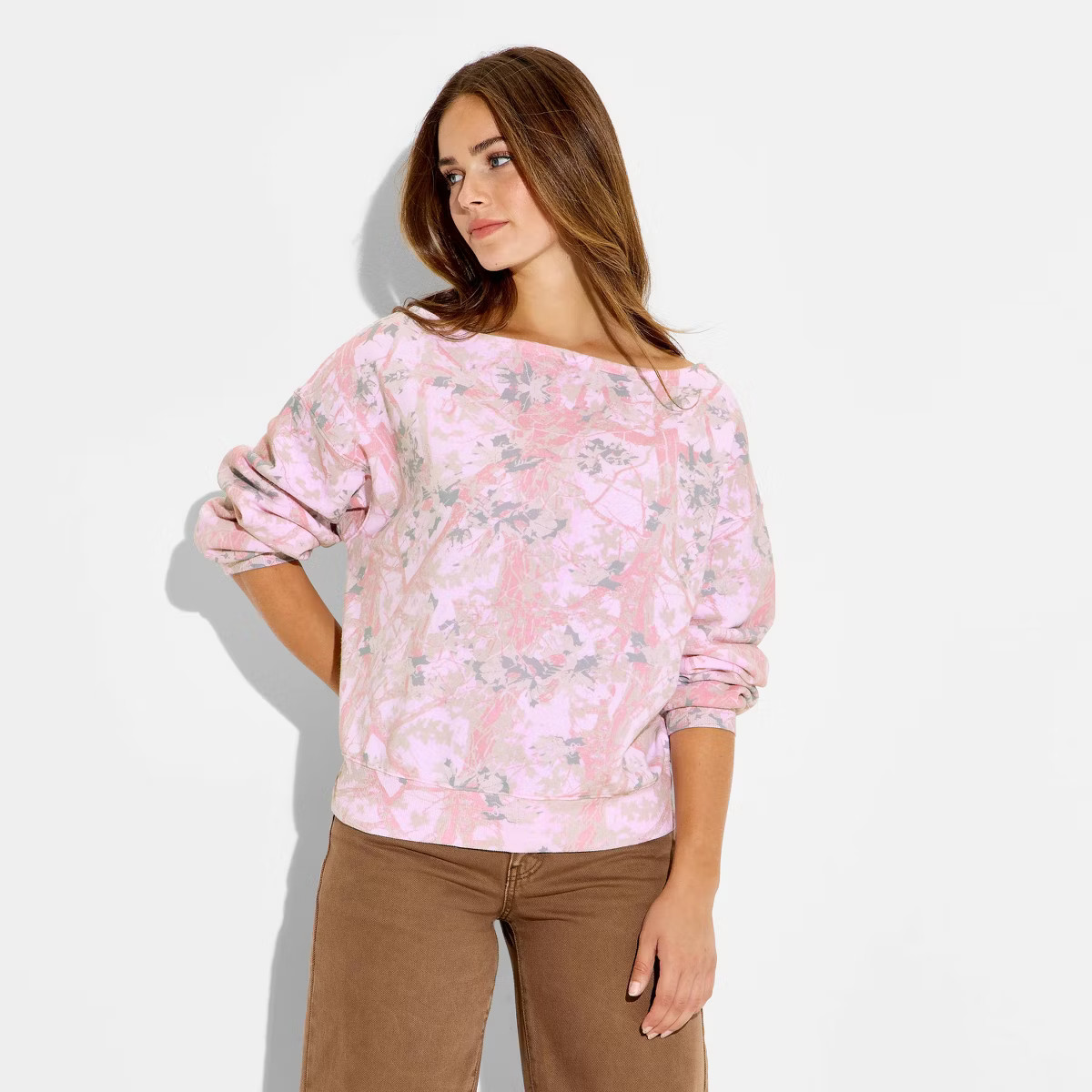 Women's Fleece Graphic Pullover Sweatshirt - Pink Camo | Target