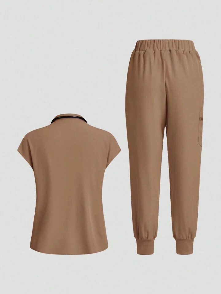 TaskEZ Women's Solid Color Cap Sleeve Top And Waist Tie Pants Nurse Uniform Scrub Set | SHEIN