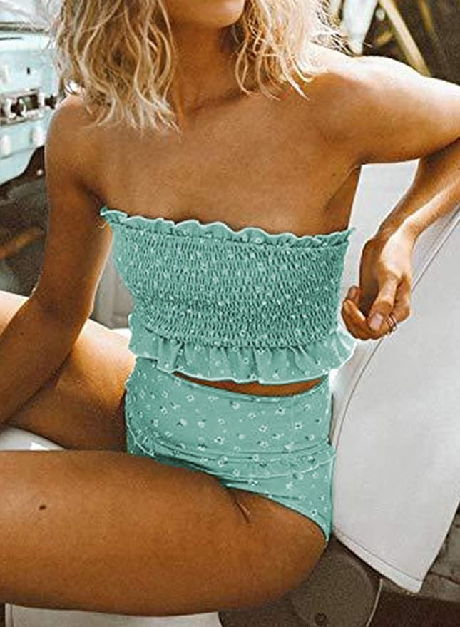 Aleumdr Womens 2 Pieces Bandeau Bikini Swimsuits Off Shoulder High Waist Bathing Suit | Amazon (US)