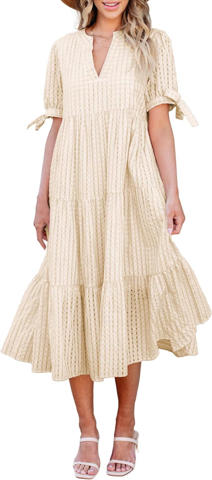 Theenkoln Womens Casual Midi Dress: Short Sleeve V-Neck Empire Waist Gingham Spring Fashion Long ... | Amazon (US)