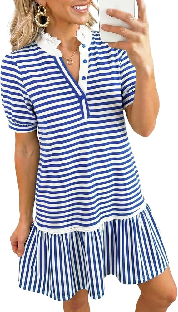 Dokotoo Women's Casual Stand Collar Tiered Babydoll Dress Short Sleeve Tunic Shift Dress with Poc... | Amazon (US)