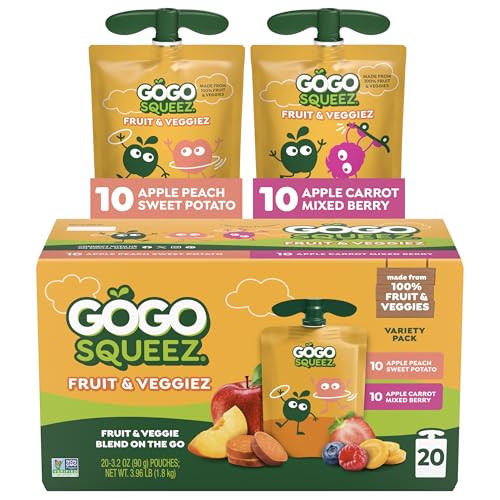 GoGo squeeZ Fruit & veggieZ Applesauce and Puree Variety Pack, Pedal Peach and Boulder Berry, 3.2 oz (Pack of 20), Unsweetened Snacks for Kids, BPA Free Pouches (Packaging May Vary) | Amazon (US)