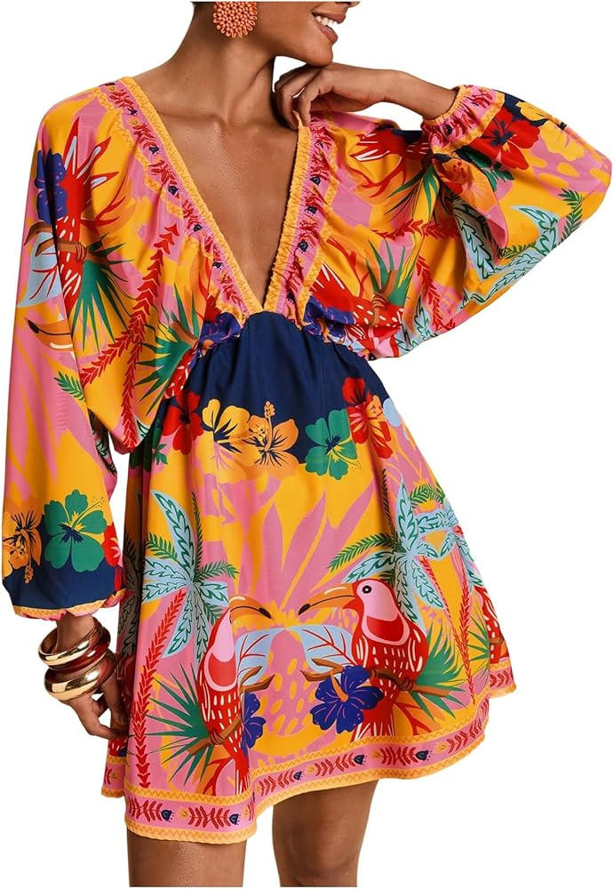 RoseSeek Women's Boho Floral V Neck Mini Dresses Bishop Sleeve Tie Open Back Tropical Dress | Amazon (US)