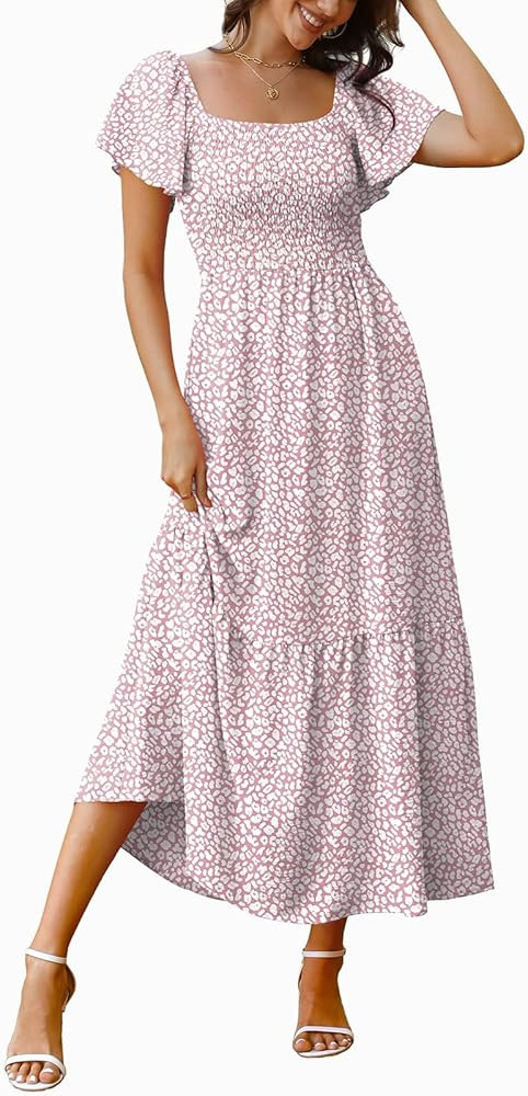 OFEEFAN Maxi Dresses for Women Square Neck Flutter Sleeve Smocked Dress with Pockets | Amazon (US)