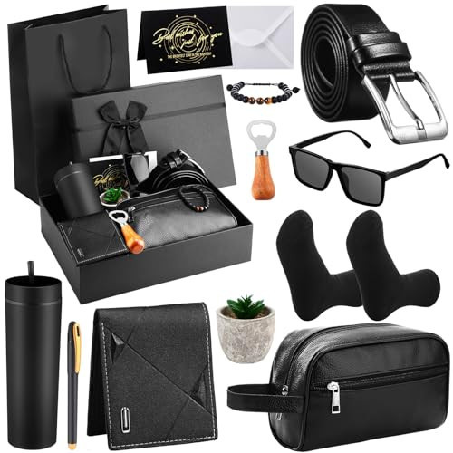 Skylety 13 Pcs Birthdays Gifts Baskets for Men Christmas Favor Gift for Men Birthdays Gift Box 16 oz Tumblers Wallet Toiletry Bag Sock Bottle Opener Belt Bracelet Glasses Pen for Dad Boyfriend Husband | Amazon (US)