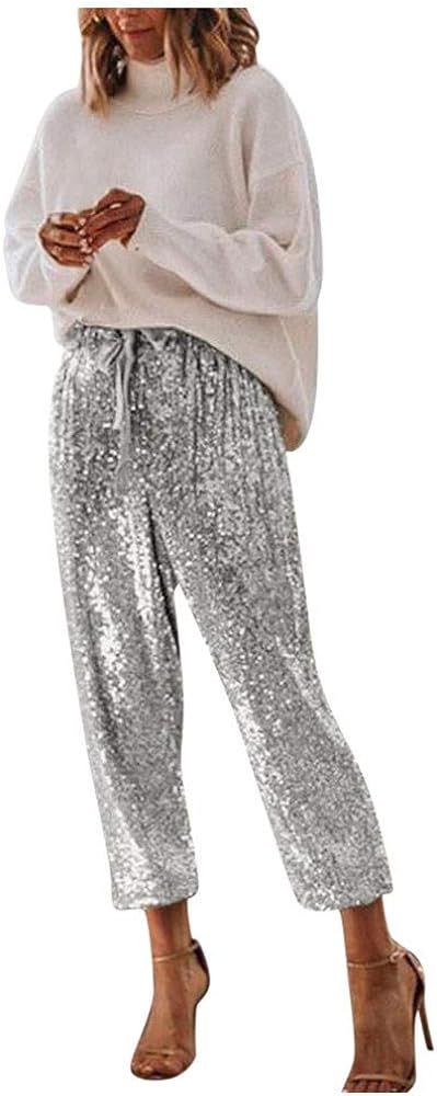 Fashion Lady High Waisted Sequin Crop Pants Sexy Style Foot Tape Party Trousers | Amazon (US)