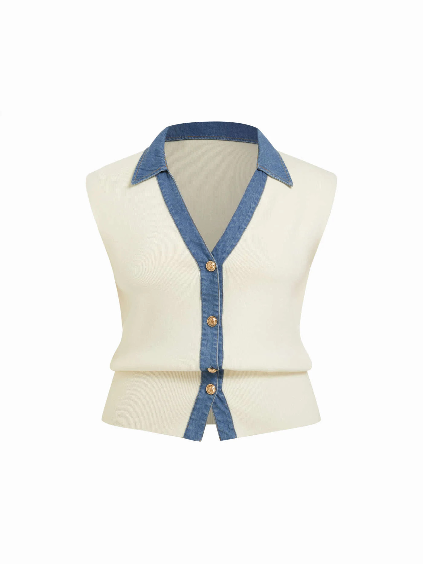 Knit V-Neck Metal Button Denim Contrasting Binding Vest Curve & Plus | Cider