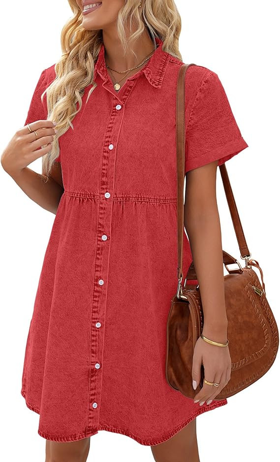 LookbookStore Women's Short Sleeve Button Down Flowy Tiered Babydoll Denim Dress | Amazon (US)