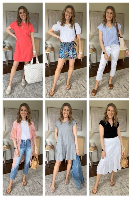 Walmart spring summer outfits! Wearing my usual small in each piece. Size 6 in the jeans. The tshirt dress is $10 and the tiered knit dress is $12! White cotton skirt is lined not see through. Tropical shorts are in store only. #walmartfashion #affordablestyle 

#LTKfindsunder50 #LTKover40 #LTKfindsunder100